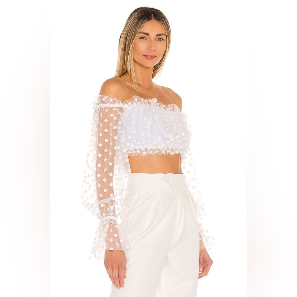 MAJORELLE White Off-Shoulder Polka Dot Crop Top